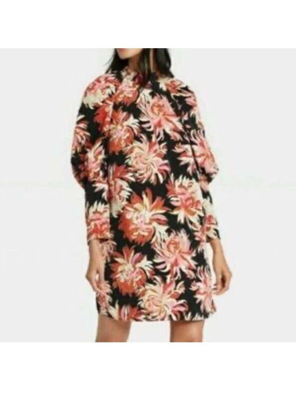 Who What Wear Women’s Large Black Pink Floral Long Sleeve Shift Dress Retro Mod